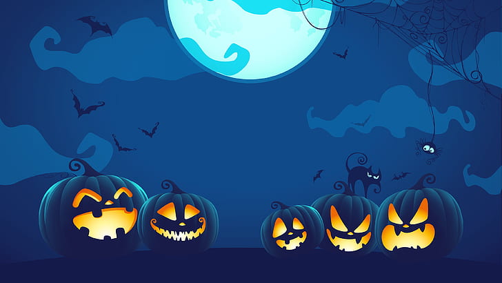 spider, Halloween, moon, blue, night, cat, holiday, digital art, bats, pumpkins, black cat, spooky, spider web, watermarked, HD wallpaper