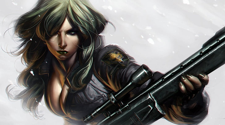 анимированная женщина, держащая иллюстрацию снайперской винтовки, произведение искусства, фэнтезийное искусство, Снайперский волк, Metal Gear Solid, Metal Gear, HD обои