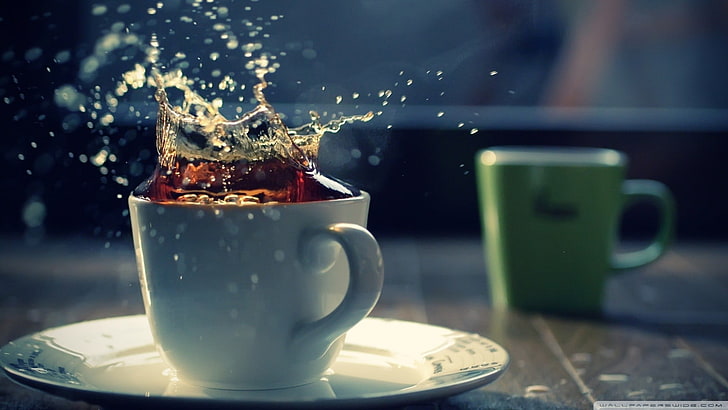 weißer Keramikbecher, Getränke, Tee, Kaffee, Spritzer, Tasse, HD-Hintergrundbild