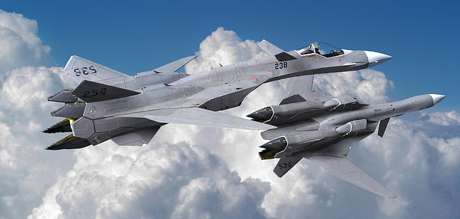 abu-abu Sukhoi-35, jet fighter, pesawat terbang, pesawat terbang, pesawat militer, VF-19, Macross, Wallpaper HD HD wallpaper