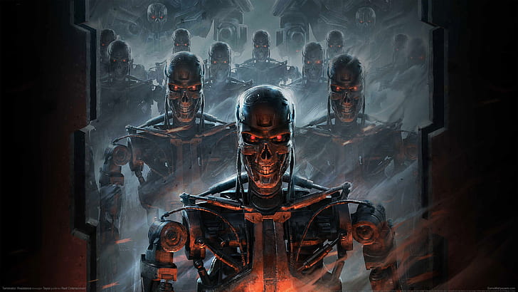Terminator, Terminator 2, esqueleto, endosqueleto, ficção científica, ficção científica retrô, vermelho, laranja, porta, HD papel de parede