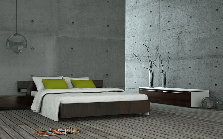 conjunto de edredom branco e cama de madeira marrom, quarto, cama, revistas, vasos, HD papel de parede