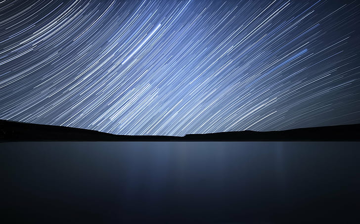 time lapse photography of calm body of water under starry sky, Celestial Equator, time lapse photography, calm, body of water, starry sky, star  trails, celestial  equator, night, patagonia, rionegro, plateau, lake, lagoon, crater, stars, explore, star - Space, blue, backgrounds, reflection, HD wallpaper