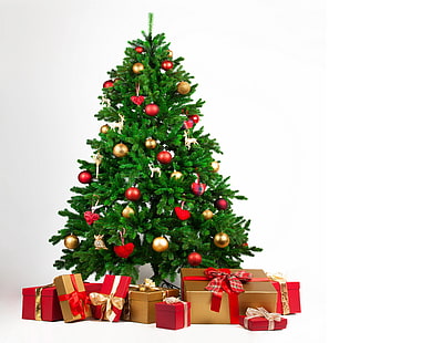 красные и золотые безделушки и зеленые праздничные елки, украшения, шары, игрушки, ёлка, подарки, Рождество, Новый год, HD обои HD wallpaper