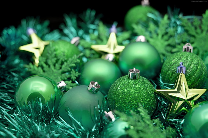 green, star, decorations, Christmas, balls, New year, HD wallpaper