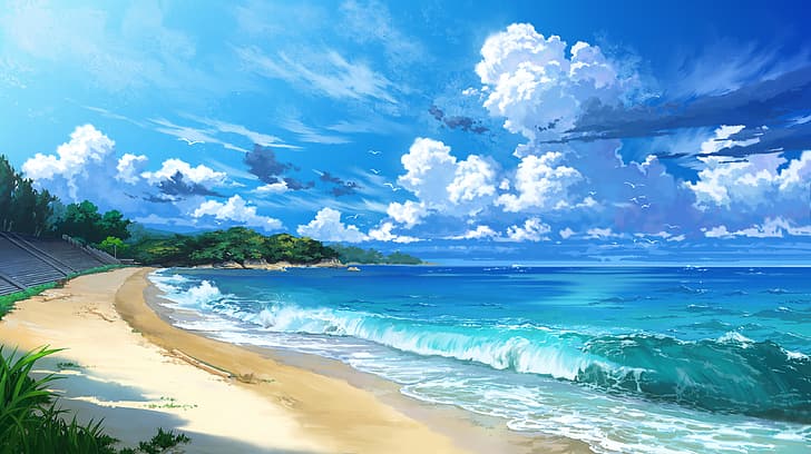beach, sea, clouds, sand, waves, shore, grass, sky, stairs, outdoors, Karasu100, horizon, cumulus, HD wallpaper