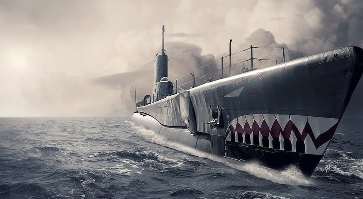 U-Boot-Kunst, grau-weißes Segelschiff, Armee, U-Boot, Kunst, HD-Hintergrundbild