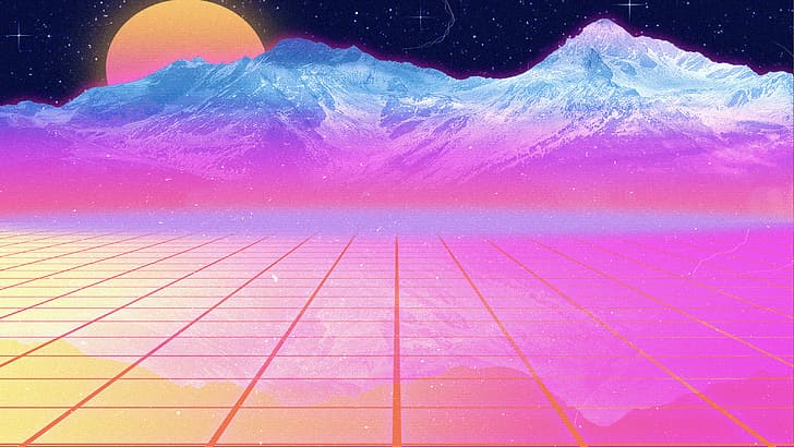 vaporwave, synthwave, Retrowave, Moon, stars, mountains, grid, HD wallpaper