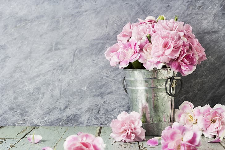 flowers, petals, bucket, pink, vintage, wood, beautiful, romantic, HD wallpaper