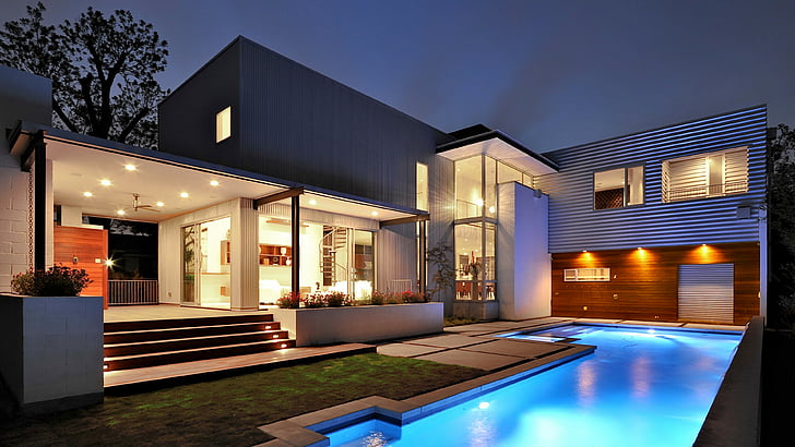 biało-czarny betonowy dom z basenem, dom, dwór, basen, nowoczesny, wewnętrzny, high-tech, podwórko, Tapety HD