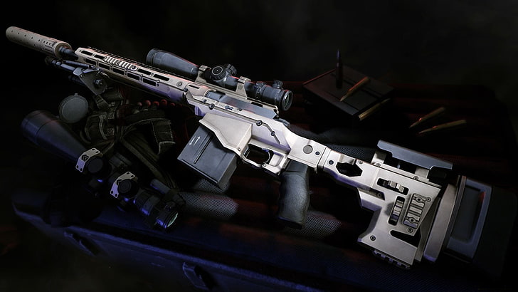 karabin snajperski szaro-czarny, broń, pistolety, celownik, tłumik, karabin snajperski, Sniper Ghost Warrior 2, Remington MSR, Tapety HD