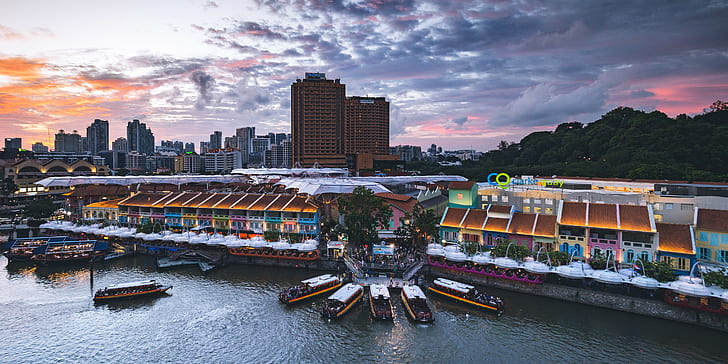 Сингапур, городской пейзаж, город, лодка, вода, здания, небо, HD обои