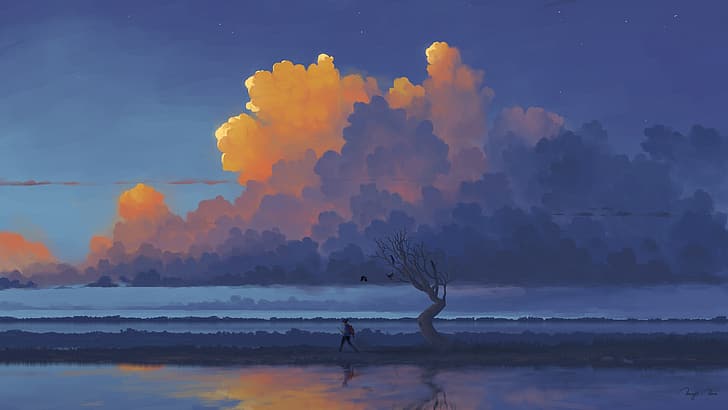 digital painting, landscape, afternoon, lake, clouds, BisBiswas, HD wallpaper