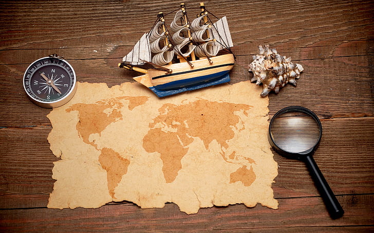 Accessories for Sailing, magnifying glass, compass, map, background, boat, HD wallpaper