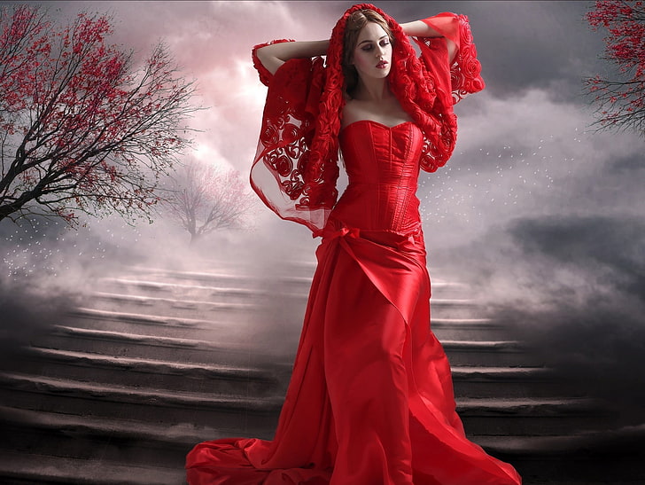 mujer, vestido rojo, vestido, brazos arriba, modelo, chica fantasía, Fondo de pantalla HD