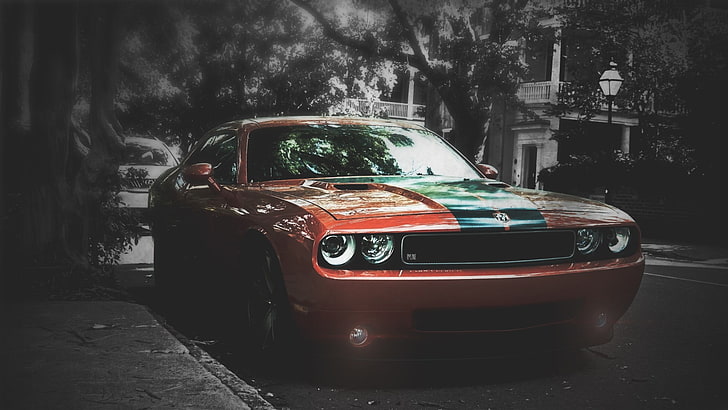 rotes Ford Mustang Coupé, Auto, unscharf, Dodge Challenger SRT, selektive Farbgebung, HD-Hintergrundbild