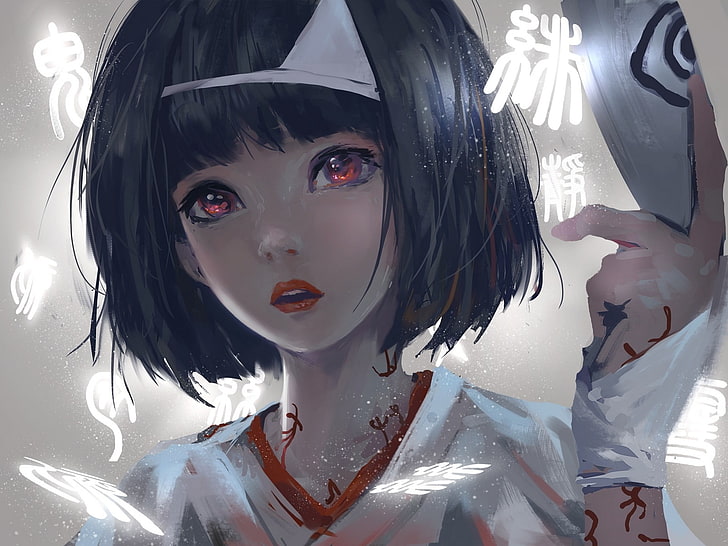 female anime character in white top wallpaper, black hair, short hair, red eyes, Asian, Nora (Noragami), Noragami, women, WLOP, Nora, anime, anime girls, artwork, looking at viewer, fantasy girl, HD wallpaper