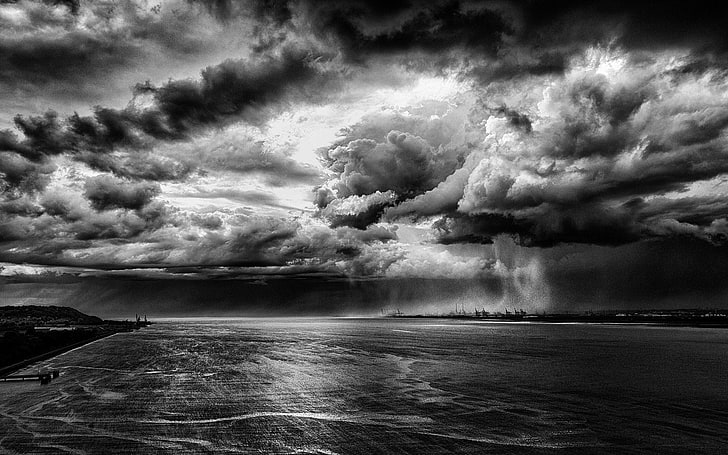 ธรรมชาติภูมิทัศน์พายุฝนขาวดำเมฆแม่น้ำท่าเรือน้ำ, วอลล์เปเปอร์ HD
