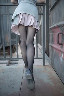 Шелковые чулки, короткая юбка, плиссированная юбка, ножки, униформа, 66: Beauty, HD обои HD wallpaper