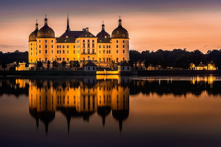 zamek moritzburg, Saksonia, Niemcy, odbicie, architektura, Tapety HD