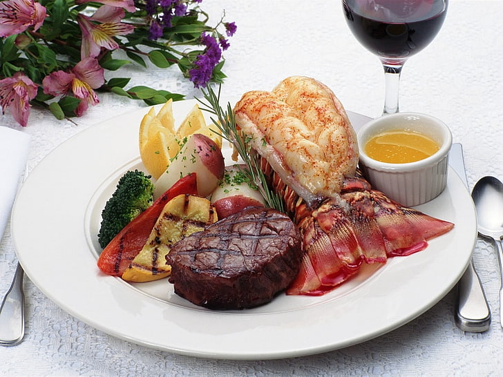 plate of lobster and filet mignon, meat, fried, foods, meats, vegetables, sauce, HD wallpaper