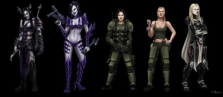 Tapete mit fünf weiblichen Figuren, Warhammer 40.000, kaiserliche Garde, Dark Eldar, HD-Hintergrundbild