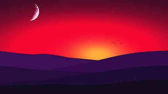 lune, coucher de soleil, paysage, ciel rouge, graphiques, illustration, minimaliste, art minimal, minimal, rouge, Fond d'écran HD HD wallpaper