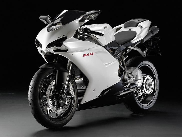 Ducati 848, bici sportiva bianca e nera, motociclette, Ducati, Sfondo HD