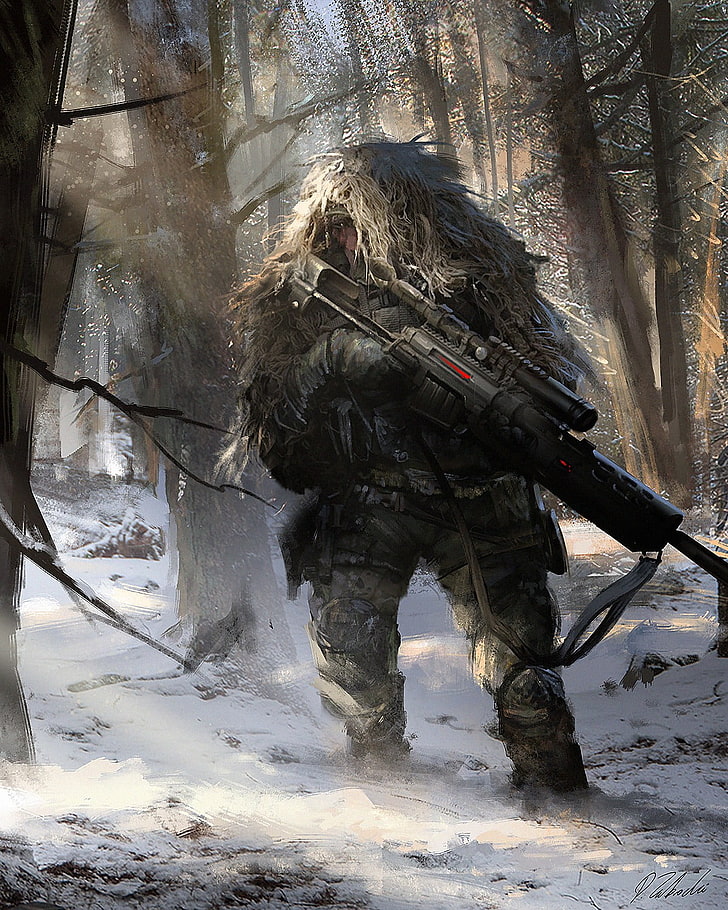 мъж, носещ илюстрация на костюм на гили, произведения на изкуството, Дарек Заброцки, снайперска пушка, зима, войник, военен, HD тапет, тапет за телефон