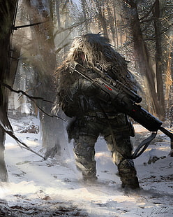 uomo che indossa un abito guilli illustrazione, opere d'arte, Darek Zabrocki, fucile da cno, inverno, soldato, militare, Sfondo HD HD wallpaper