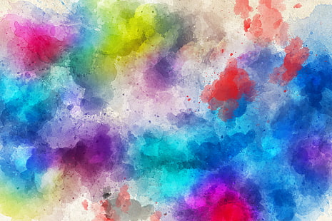 흰색, 빨간색, 파란색 및 청록색 추상 회화, 얼룩, 수채화, 페인트, 추상화, HD 배경 화면 HD wallpaper