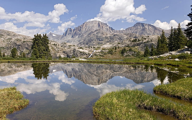 gray mountain reflecting on water, mountains, lake, purity, HD wallpaper