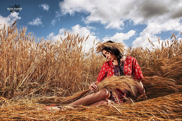 пшеница, поглед, природа, поза, момиче, Олег Климин, HD тапет