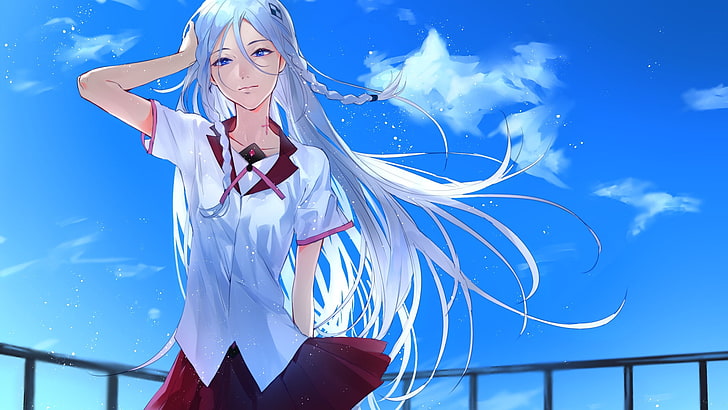 anime girls, school uniform, blue hair, blue background, white hair, blue eyes, Harmony (Project Itoh), Miach Mihie, Redjuice, harmony, HD wallpaper