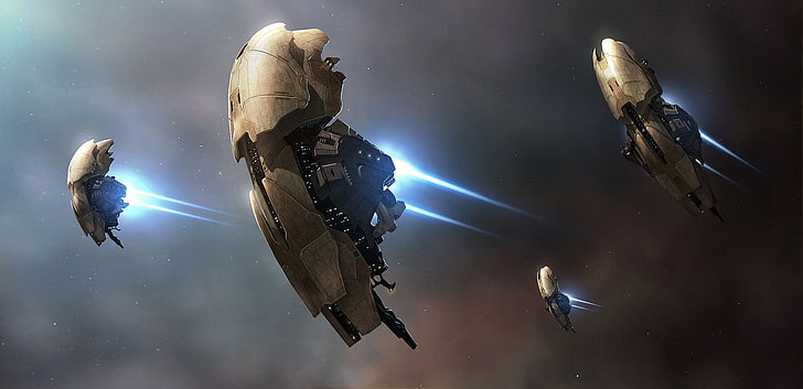 أربع سفن فضاء رمادية خلفية ، Amarr ، EVE Online ، سفينة فضاء ، ألعاب فيديو، خلفية HD
