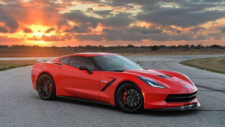 red car, corvette stingray, corvette, 2014, muscle car, sports car, car, vehicle, asphalt, sunset, sky, cloud, HD wallpaper