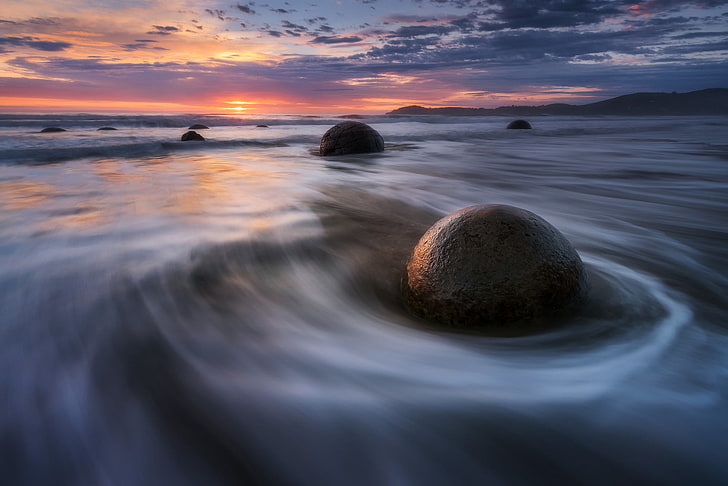 badan air dan batu, laut, paparan panjang, alam, langit, Selandia Baru, Wallpaper HD