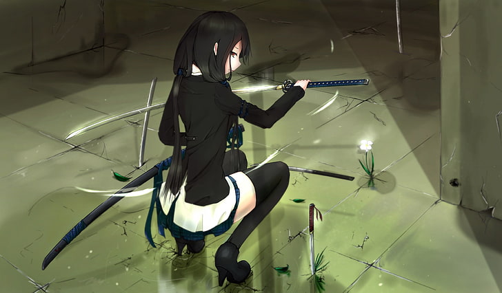 personnage d'anime aux cheveux noirs tenant illustration de l'épée, filles de l'anime, personnages originaux, épée, couteau, cheveux noirs, veste, jupe, talons, bas, katana, arme, cuisses, Fond d'écran HD
