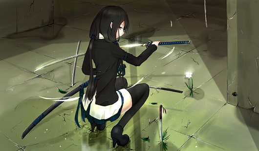 personnage d'anime aux cheveux noirs tenant illustration de l'épée, filles de l'anime, personnages originaux, épée, couteau, cheveux noirs, veste, jupe, talons, bas, katana, arme, cuisses, Fond d'écran HD HD wallpaper