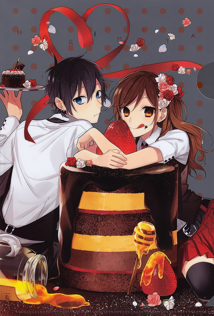 anime, cake, couple, food, horimiya, rose, series, HD wallpaper