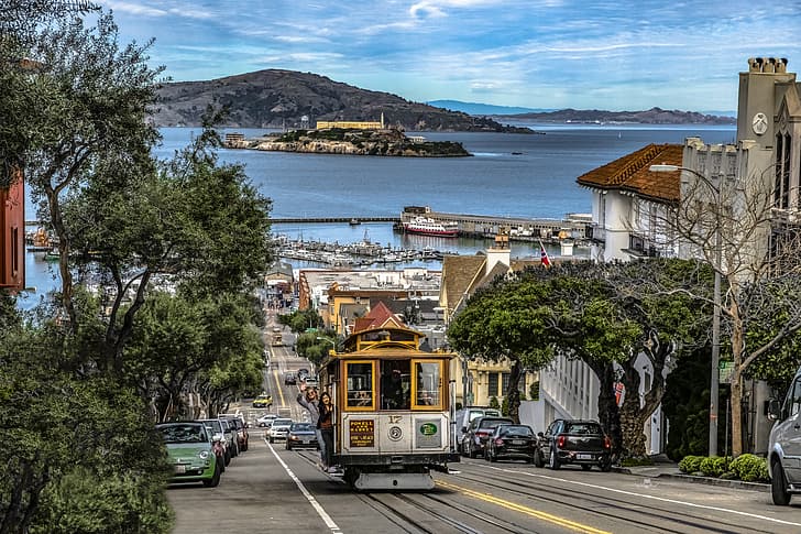 път, океан, улица, крайбрежие, сграда, дом, Калифорния, Сан Франциско, трамвай, САЩ, Hyde Street, HD тапет