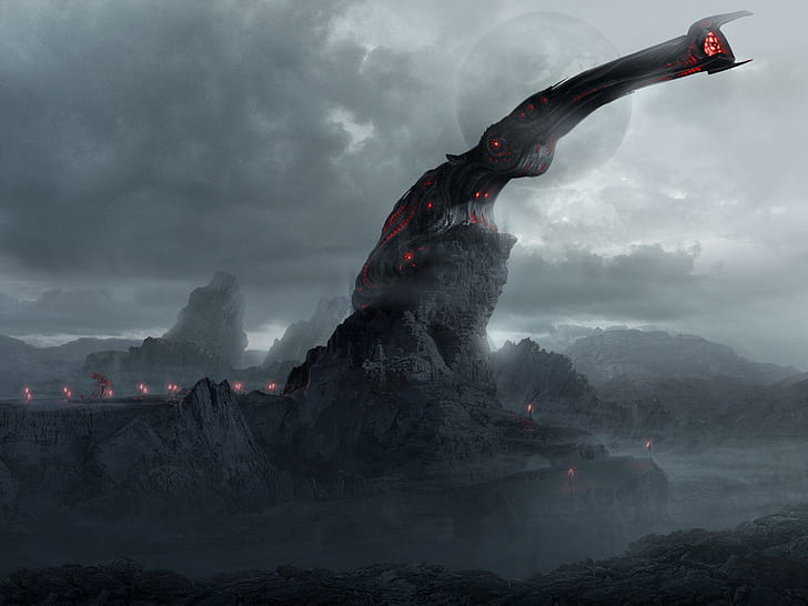 Paisaje HD, ilustración de montaña de hormigón gris y rojo, fantasía, paisaje, Fondo de pantalla HD