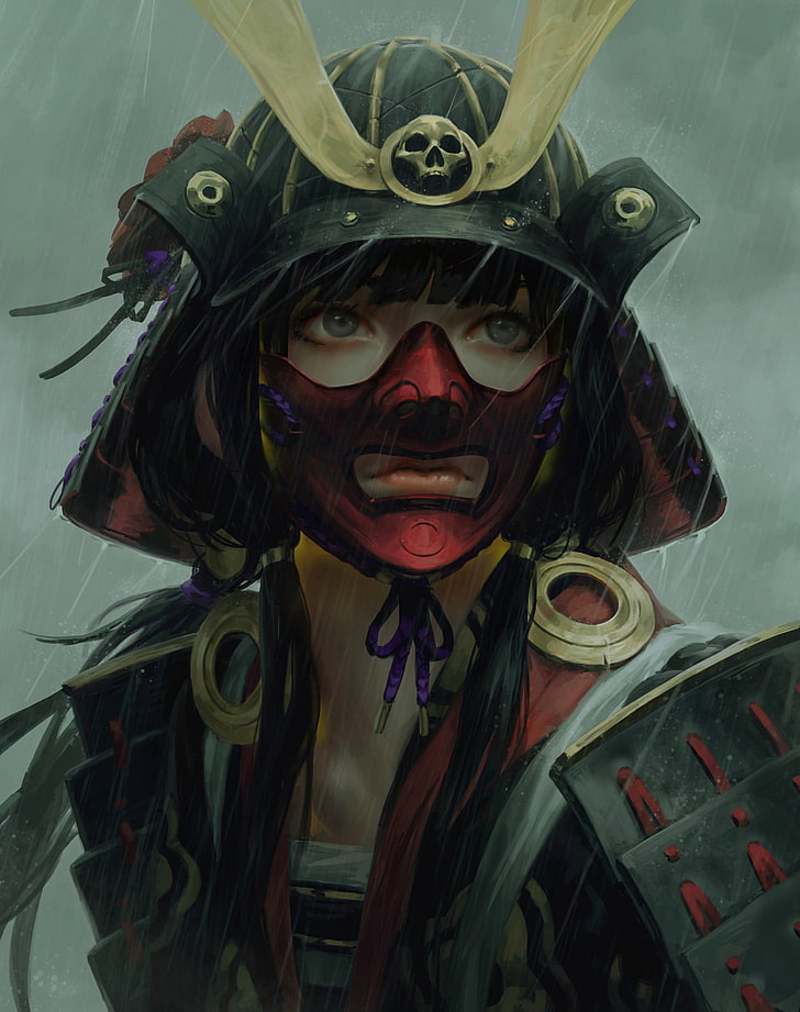 karakter samurai perempuan berambut hitam, prajurit, seni fantasi, samurai, bibir, mata, tengkorak, hujan, Z.W.Gu, seni digital, Wallpaper HD, wallpaper seluler