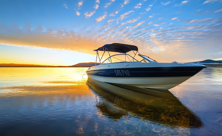 Speed ​​Motor Boat, weiß und schwarz Schnellboot, Natur, Strand, Geschwindigkeit, Boot, Motor, HD-Hintergrundbild