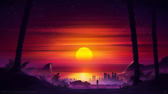  digital, digital art, artwork, illustration, drawing, digital painting, neon, synthwave, vaporwave, Retrowave, Synthpop, trees, palm trees, shadow, dark, silhouette, nature, landscape, sky, skyscape, Sun, sunset, sun rays, dusk, evening, water, sea, reflection, car, vehicle, transport, people, city, lights, city lights, cityscape, building, tower, architecture, environment, concept art, Mustang (Car), warm, Miami, still life, HD wallpaper HD wallpaper