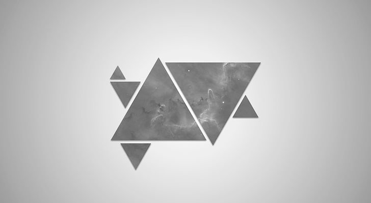 Космические треугольники, треугольный серый логотип, художественный, абстрактный, космический, минимальный, треугольники, фигуры, HD обои