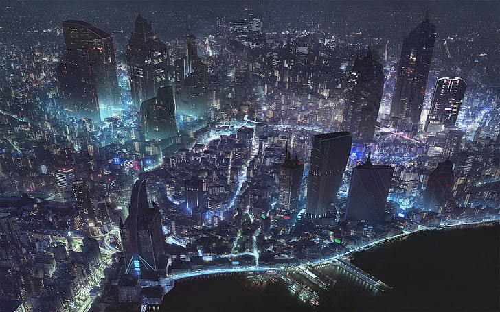 foto udara dari pelarian kota pada malam hari, seni digital, lanskap kota, pemandangan udara, kota futuristik, fiksi ilmiah, Wallpaper HD