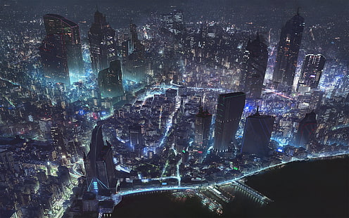 Luftaufnahme der Stadt Flucht während der Nacht, digitale Kunst, Stadtbild, Luftbild, futuristische Stadt, Science-Fiction, HD-Hintergrundbild HD wallpaper