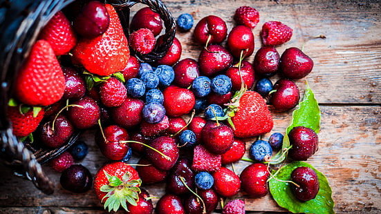 manis, buah-buahan, vitamin, blueberry, buah merah, raspberry, sayuran, tanaman, makanan super, makanan alami, ceri, beri, makanan, menghasilkan, makanan lokal, stroberi, stroberi, buah, Wallpaper HD HD wallpaper