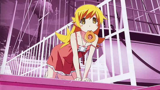 Monogatari Series, Oshino Shinobu, аниме девушки, блондинка, пончики, HD обои HD wallpaper